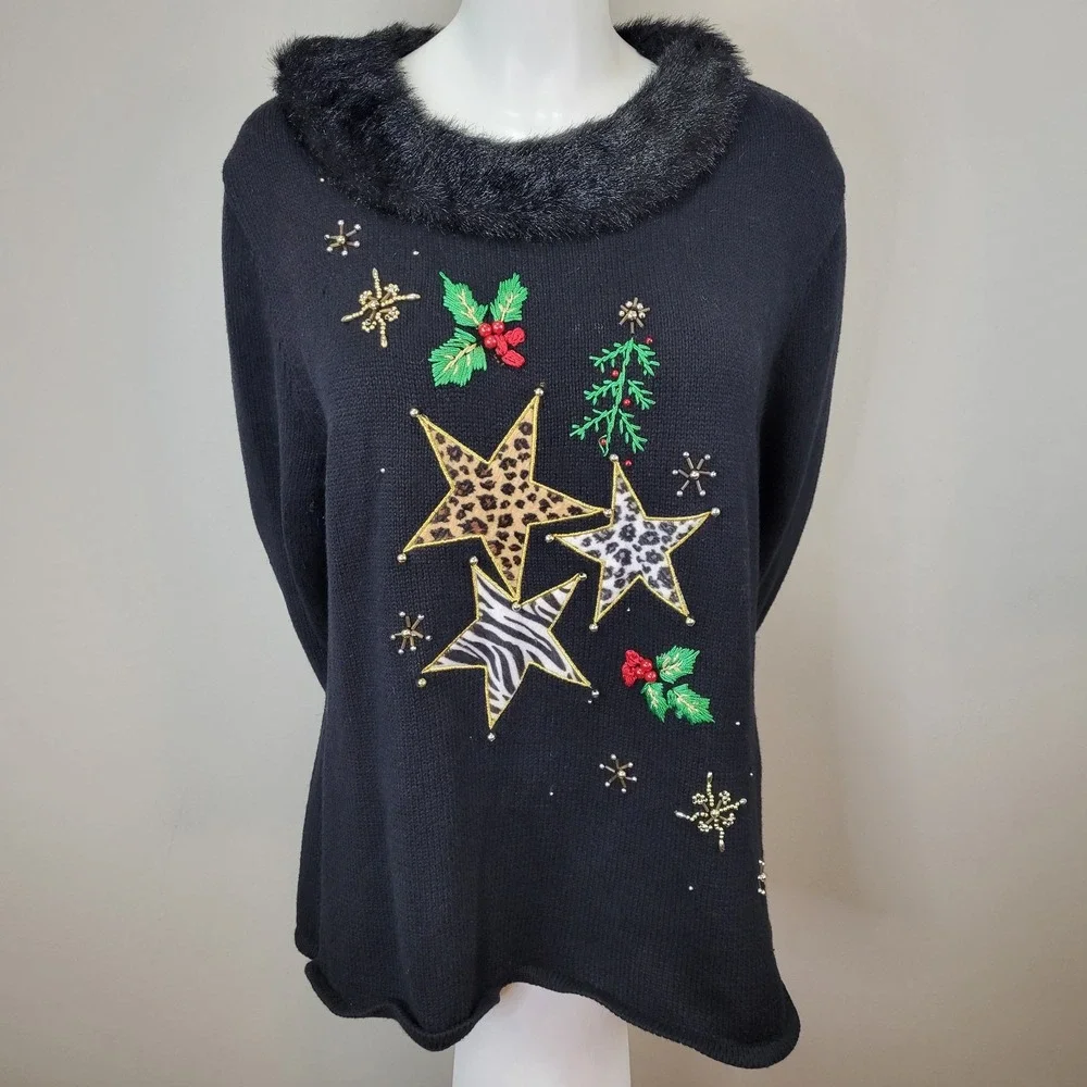 Kikit‎ Maurice Sasson Black Stars And Holly Christmas Sweater Womens Size XL